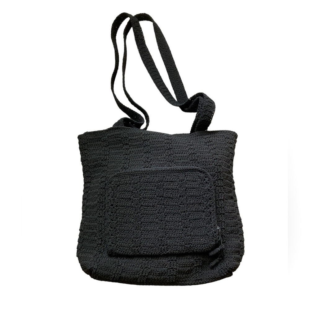 Crocheted Shoulder Purse Two Strap Bag Zip Top Vintage 80s Retro Bohemian Black